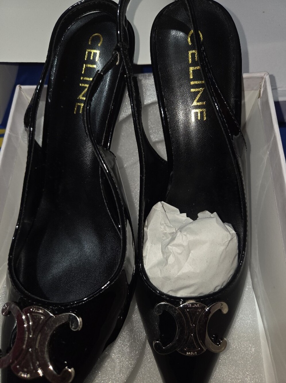 Black Patent Leather Slingback Heels with Gold Emblem